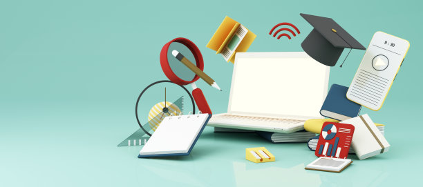 E-learning概念与笔记本电脑和wi-fi符号包围研究生帽，打开的书，气球，直尺，统计图表，铅笔和放大镜在蓝色和黄色色调的3d渲染图片下载