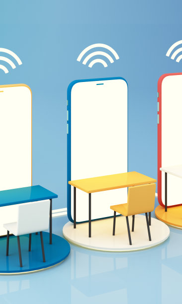 E-learning概念与智能手机和wi-fi符号包围研究生帽，打开的书，气球，直尺，统计图表，铅笔和放大镜在蓝色和黄色背景3d渲染图片下载