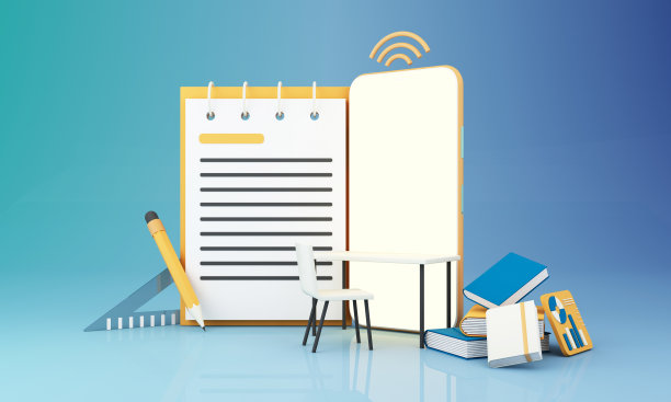 E-learning概念与智能手机和wi-fi符号包围研究生帽，打开的书，气球，直尺，统计图表，铅笔和放大镜在蓝色和黄色背景3d渲染图片下载