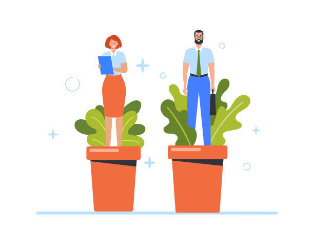 员工发展技能，商业男女在花盆中成长，自我完善和发展的理念，事业图片下载
