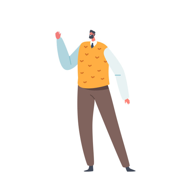 快乐的男性角色挥手，大胡子男人在休闲服装显示欢迎姿态，愉快的手势图片下载