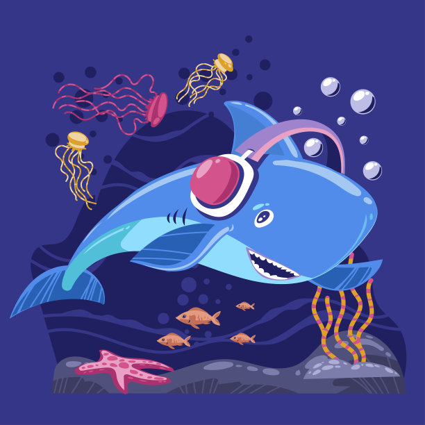 小鲨鱼矢量卡通微笑与锋利的牙齿字符插图图片下载