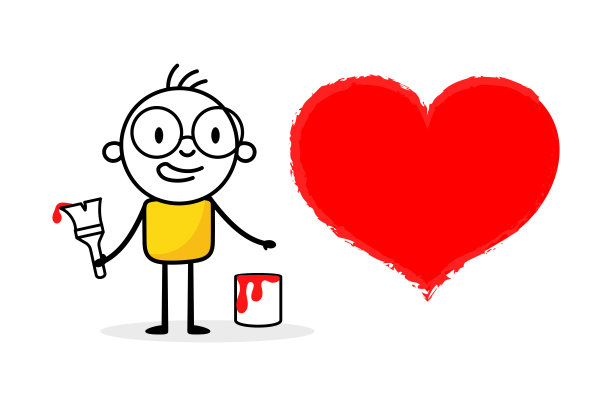 男人在白色背景上画红色爱心。手绘涂鸦线条艺术男人。爱的概念。矢量库存插图。图片下载