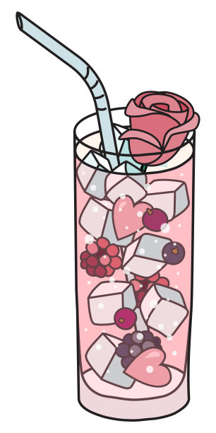 情人节版粉红色俄罗斯春天潘趣鸡尾酒装饰玫瑰花和心形冰。涂鸦卡通插图孤立在白色。对于贺卡，具体的酒吧菜单图片下载