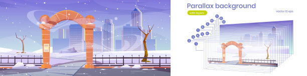 视差背景，冬季公园与石拱图片下载