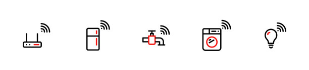 物联网。智能家电图标。Wifi路由器，冰箱，水龙头，洗衣机和灯泡。像素完美，可编辑的描边图片下载