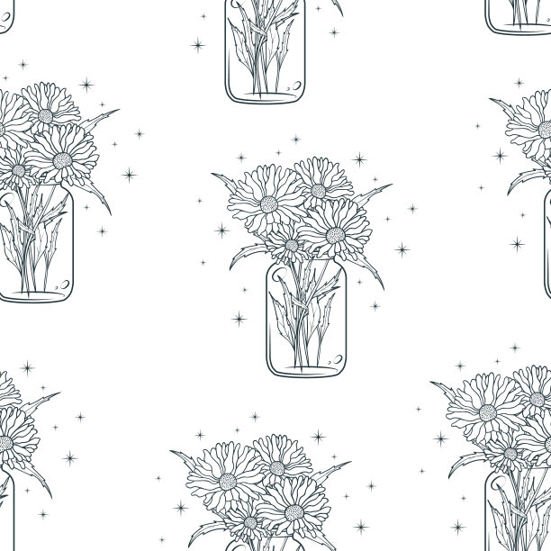 天国的泥瓦罐与一束雏菊无缝图案。手绘花卉背景包装纸或纺织品。图片下载