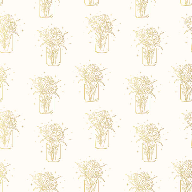 天国金色的泥瓦罐上有一束雏菊的无缝图案。手绘花卉背景包装纸或纺织品。图片下载