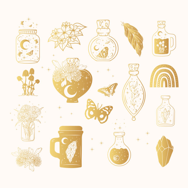 梅森罐黄金收藏。巫术药水，天仙壶，蝴蝶和神秘的花隔离设置。手绘矢量插图在波西米亚风格。图片下载