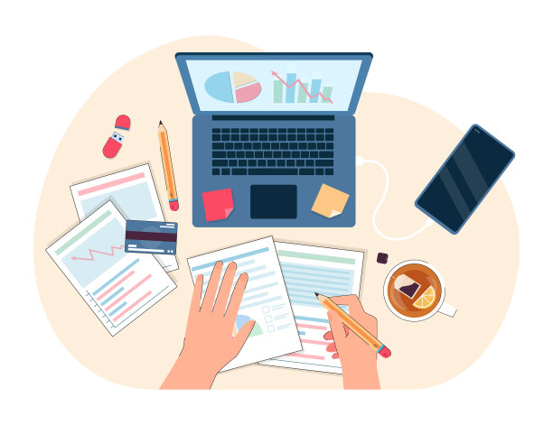 办公室工作人员或会计分析文件的俯视图图片下载