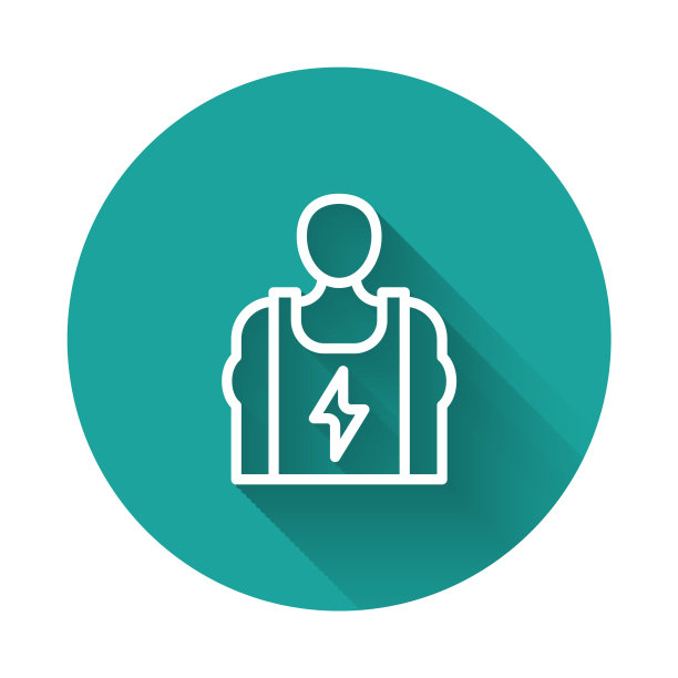 白线健美者显示他的肌肉图标孤立与长阴影背景。健身力量健身爱好观念。绿色圆圈按钮。向量图片下载