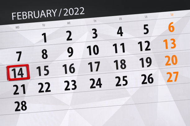 日历计划为2022年2月，截止日期，14日，星期一图片下载