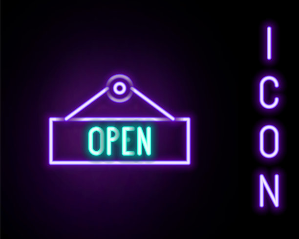 发光的霓虹灯线悬挂标志与文字打开门图标孤立在黑色背景。色彩斑斓的轮廓的概念。向量图片下载