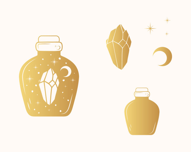 带有月亮、星星和水晶的天体神秘罐。深奥的黄金设计元素。瓶身轮廓孤立在白色上。手工绘制的矢量插图的巫术。图片下载