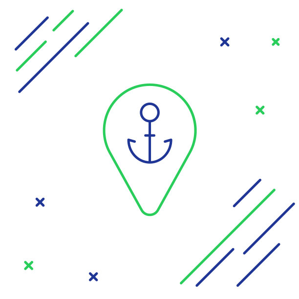 线地图指针与锚图标孤立在白色背景。色彩斑斓的轮廓的概念。向量图片下载