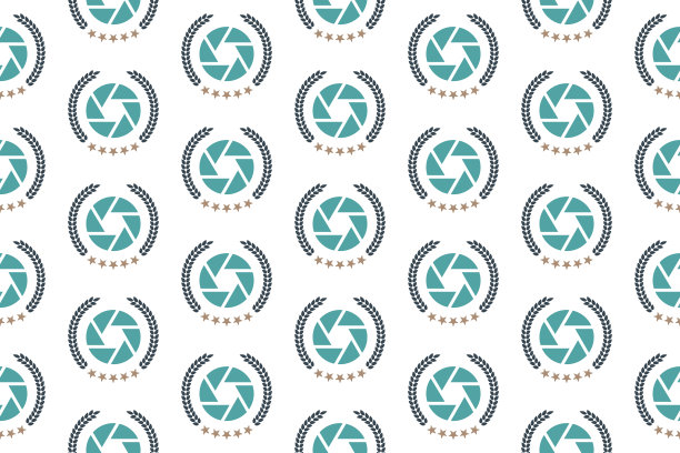 皇家摄影相机无缝图案设计。矢量模式模板。重复几何图案插图现代相机符号多媒体光圈焦点镜头与豪华书法crest。纹章交织摄影师徽章。EPS10图片下载