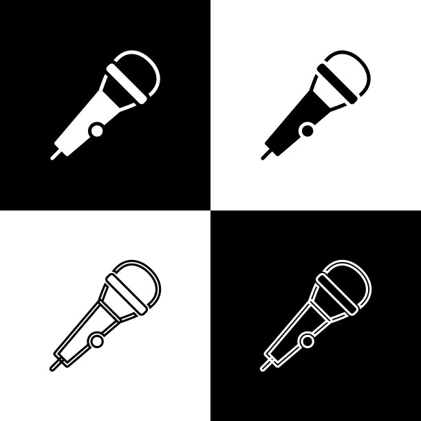 设置麦克风图标孤立在黑白背景上。在空中无线电麦克风麦克风。演讲者的迹象。向量图片下载