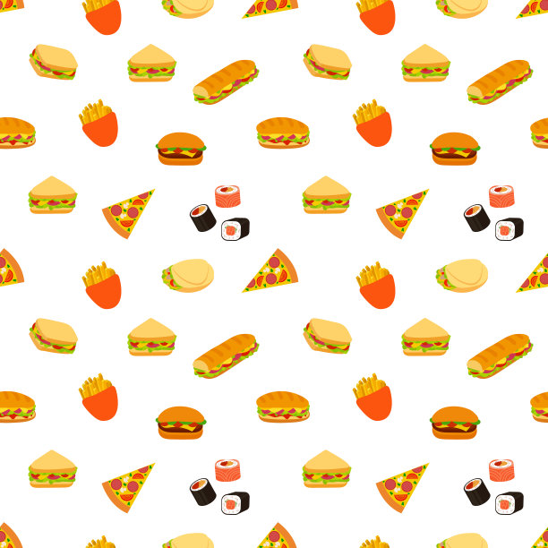 矢量无缝图案，快餐背景，彩色三明治，披萨，寿司。图片下载