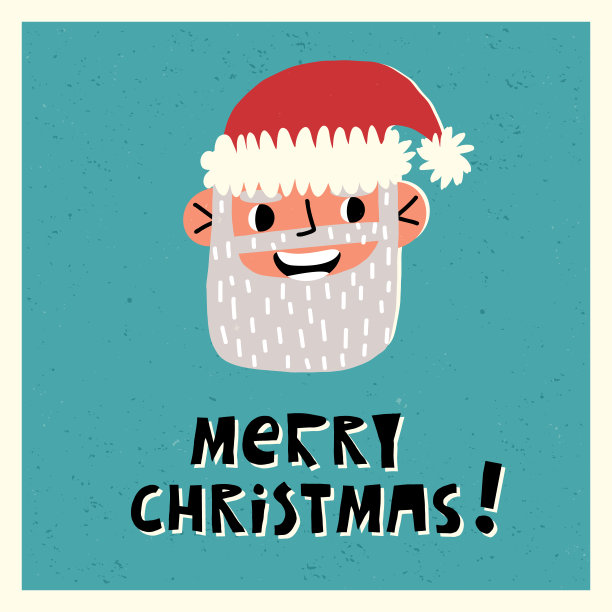 手写的圣诞贺卡。长着胡子的可爱圣诞老人开心地笑着。矢量手绘现代风格插图与纹理。图片下载