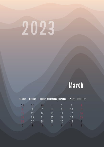 2023年3月垂直历每月分开。每月个人计划模板。峰值剪影抽象梯度彩色背景，设计印刷和数字图片下载