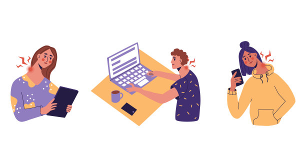 脖子或办公室综合症。年轻人因为长时间错误地工作或看手机而感到颈部疼痛。平面向量插图。孤立在一个白色的背景图片下载