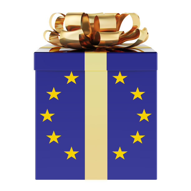 印有欧盟国旗的礼盒。在欧盟度假，概念。三维渲染图片下载