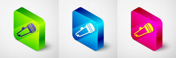 在灰色背景上隔离的等距麦克风图标。在空中无线电麦克风麦克风。演讲者的迹象。方形按钮。向量图片下载