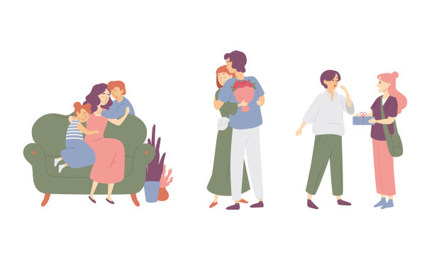 幸福的家庭母亲拥抱孩子。相爱的年轻夫妇。女人给朋友礼物盒。图片下载