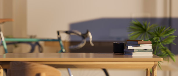 舒适的家庭公寓工作空间与复制空间木制桌面。图片下载