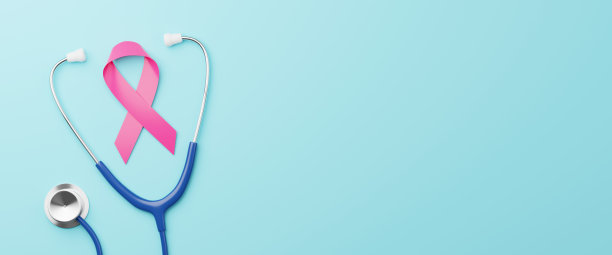 医用听诊器的俯视图和青色背景上的粉色丝带。乳腺癌保健保险意识概念。三维渲染图片下载