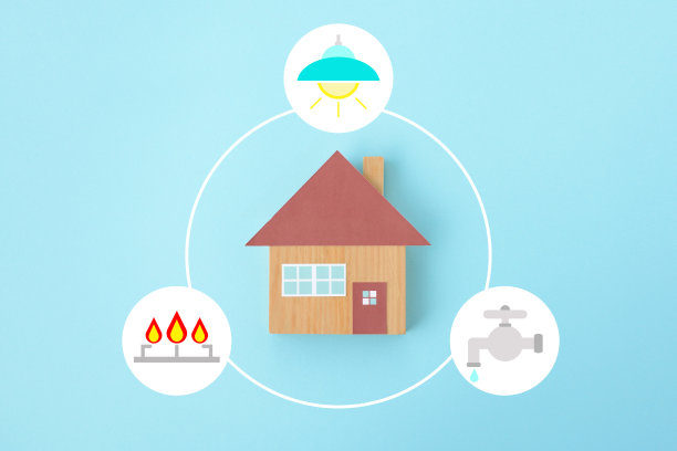 房子对象和生命线图标上的浅蓝色背景图片下载