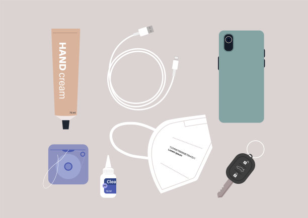 一套生活用品，牙线，手机，充电线，面膜，眼药水，车钥匙，护手霜图片下载