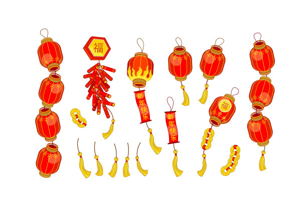 矢量设置红色花环的中国纸灯笼，幸运硬币。农历新年。中国的春节。图片下载