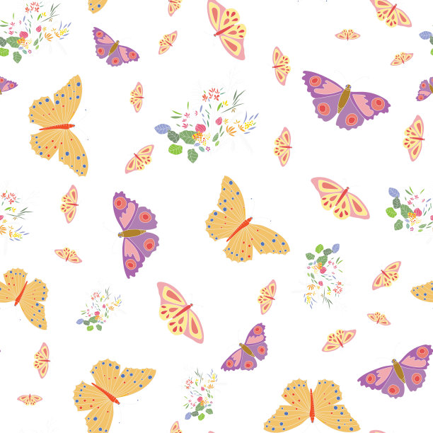 无缝图案与蝴蝶和花在白色背景上。粗心大意的夏天背景。图片下载