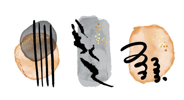 中现代派极简抽象画，灰色、米黄色、金色，黑色墨水。手绘各种形状和涂鸦对象。当代现代潮流矢量插图图片下载