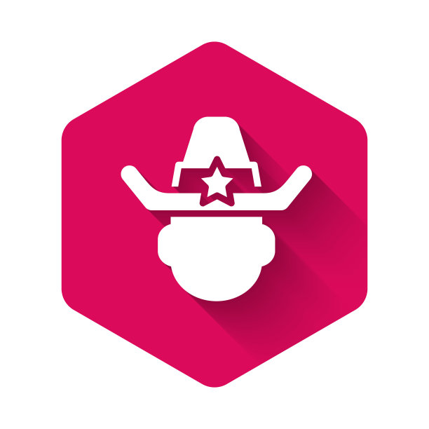 白色警长牛仔帽与明星徽章图标孤立与长阴影背景。警察。粉红色的六角按钮。向量图片下载