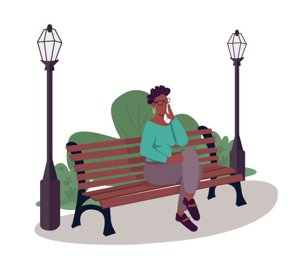 悲伤的女人在公园半平坦的颜色向量字符图片下载