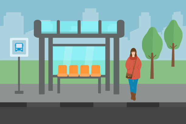 年轻女子在公交车站等车，背景是城市风景图片下载