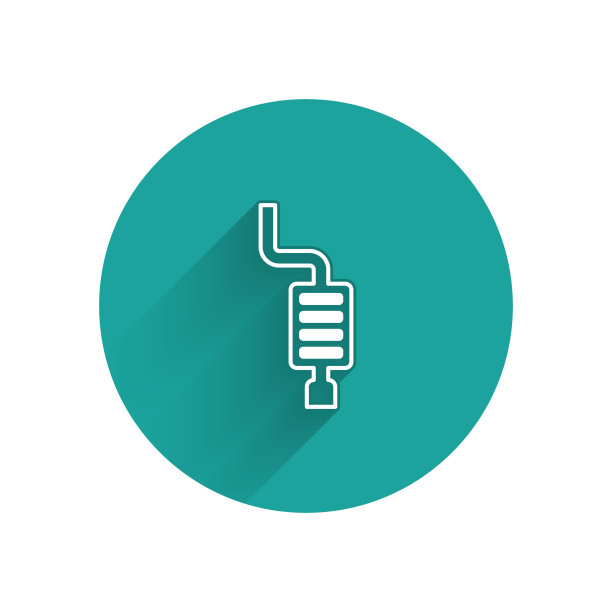 白色汽车消声器图标孤立与长阴影。排气管道。绿色圆圈按钮。向量图片下载