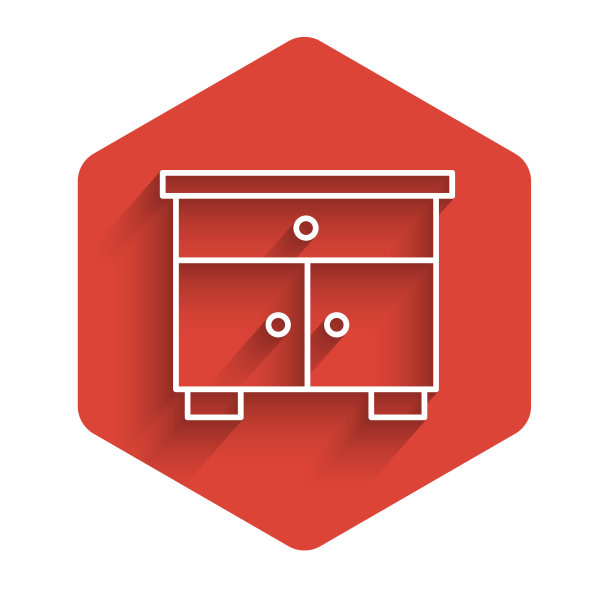 白线家具床头柜图标孤立与长影子。红色的六角按钮。向量图片下载