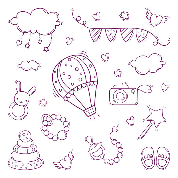 一套手绘彩色婴儿玩具在涂鸦风格孤立在白色背景图片下载