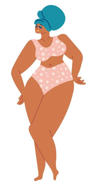 卡通矢量插图在孟菲斯风格的年轻女子穿着粉红色内衣站在孤立的白色背景。图片下载