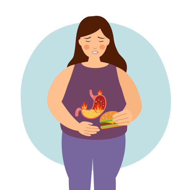 女人吃东西时感觉胃疼的概念矢量插图。胃酸和消化系统问题。胃炎胃酸倒流。图片下载