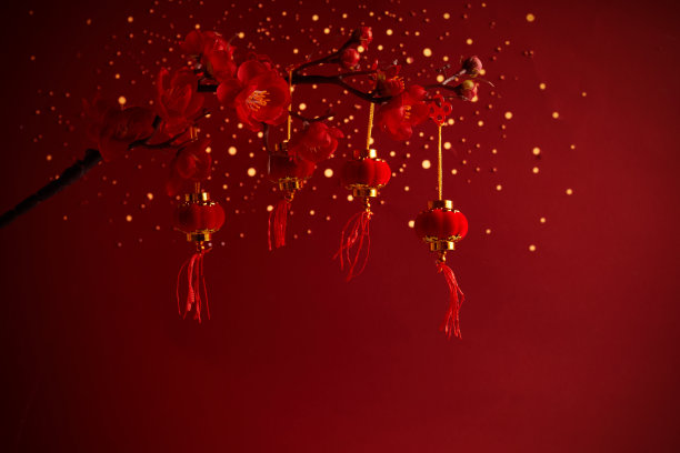 春节背景樱花枝和灯笼图片下载