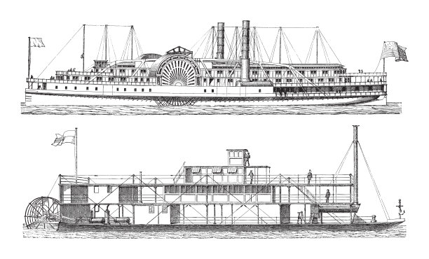 古老的蒸汽船-古老的雕刻插图图片下载