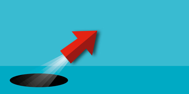 红色箭头从蓝色背景的黑洞中射出，象征着业务解决方案或目标成功。图片下载