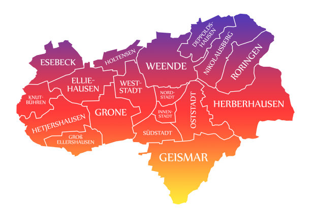 德国哥廷根城市地图，标签为彩虹色插图图片下载