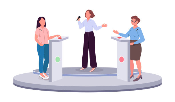 人们在智力竞赛节目中玩半平面颜色矢量字符图片下载