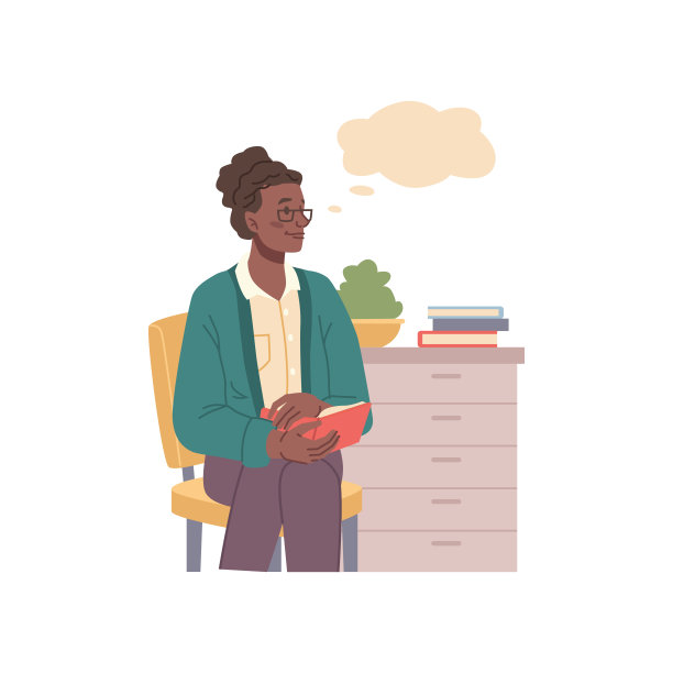 想着黑人美国女人拿着书坐在椅子上，梦想着头顶上的泡泡，扁平的卡通人物。矢量深思熟虑的女人做决定，成熟的管家梦想的东西图片下载