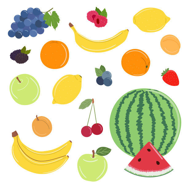 一套水果和浆果。橘子，苹果，桃子，西瓜，葡萄和柠檬。黑莓，覆盆子，蓝莓和樱桃。手绘矢量插图图片下载
